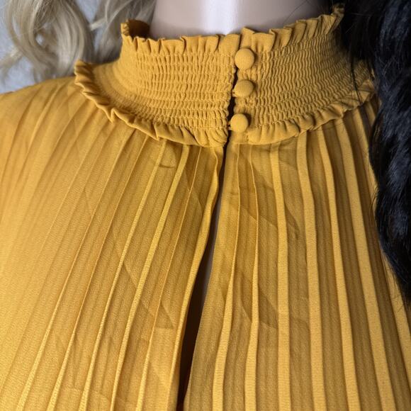 Nanette Lepore 8 Mustard Yellow Accordion Pleated Smock Neck Sleeveless Dress - Picture 4 of 9